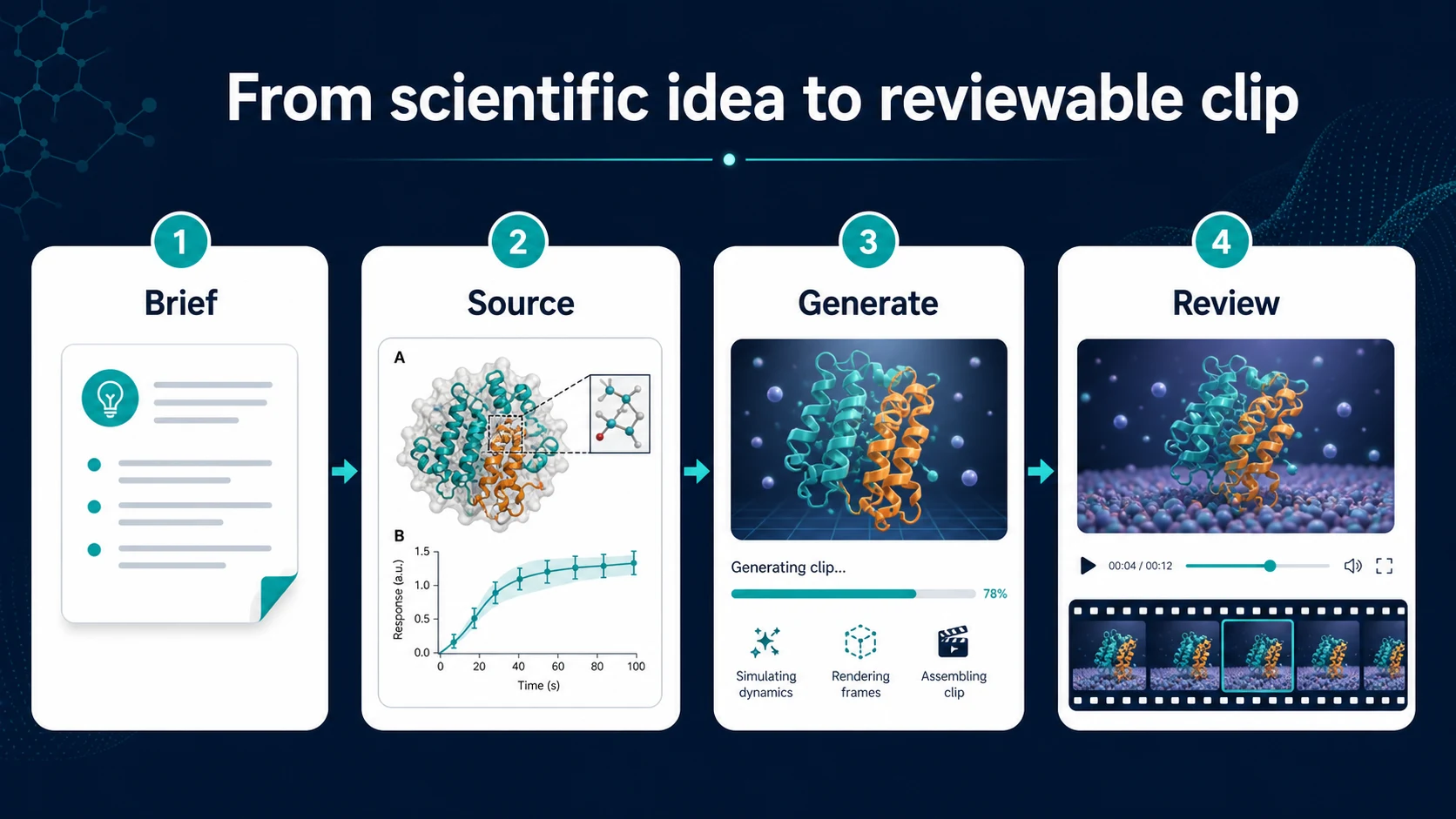 A four-step scientific animation workflow from brief and source to generation and review
